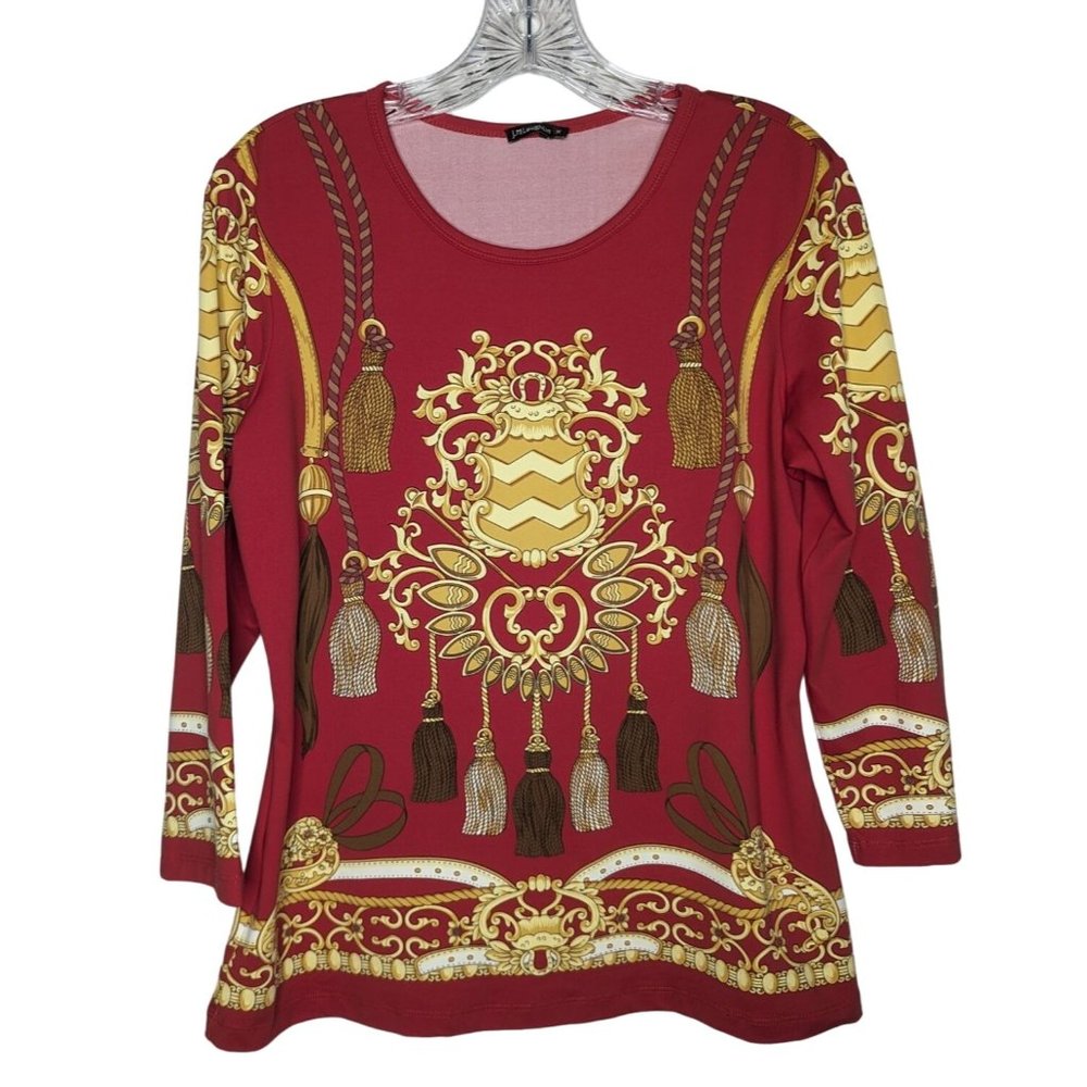 J McLaughlin red gold Medallion Tassel‎ Print Catalina cloth Top size M